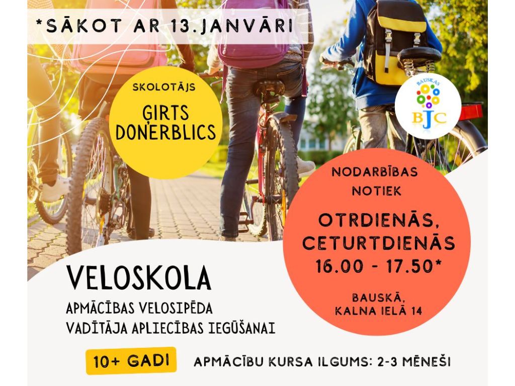 Aicinām pieteikt bērnus nakošajam veloskolas kursam, kas sāksies ar 13. janvāri!